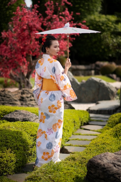 Donna con kimono e ombrello wagasa