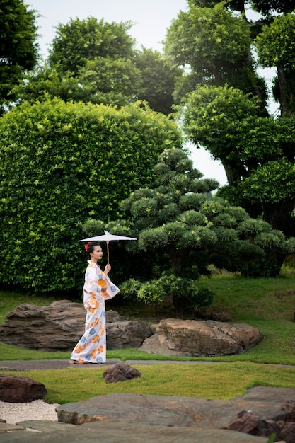 Donna con kimono e ombrello wagasa