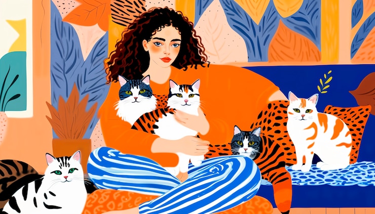 Foto gratuito donna con la carta da parati per gatti