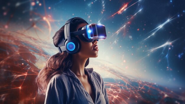 Donna con occhiali vr che sperimenta il metaverso