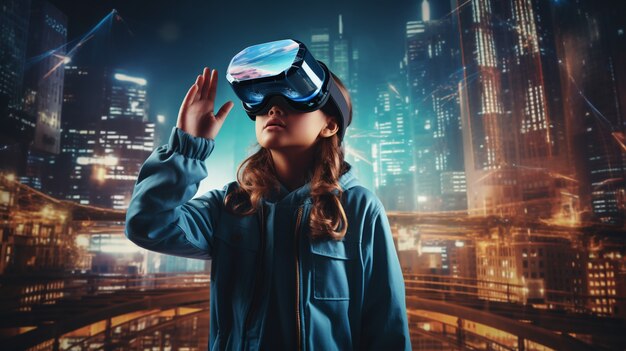 Donna con occhiali vr in città futuristica