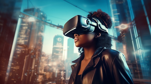 Donna con occhiali VR in una città futuristica