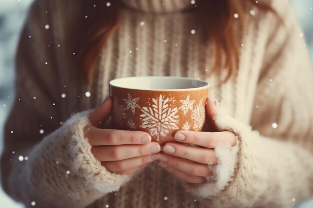 Donna con un maglione caldo che tiene una tazza d'inverno che nevica freddo da vicino