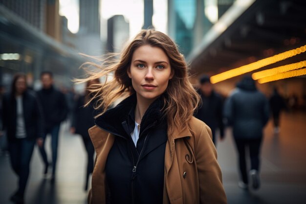 Donna d'affari che cammina per strada con un aspetto naturale