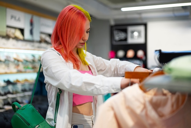 Donna del colpo medio che compera al centro commerciale