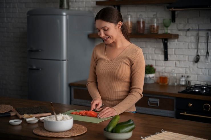 Foto gratuito donna del colpo medio che impara a fare i sushi