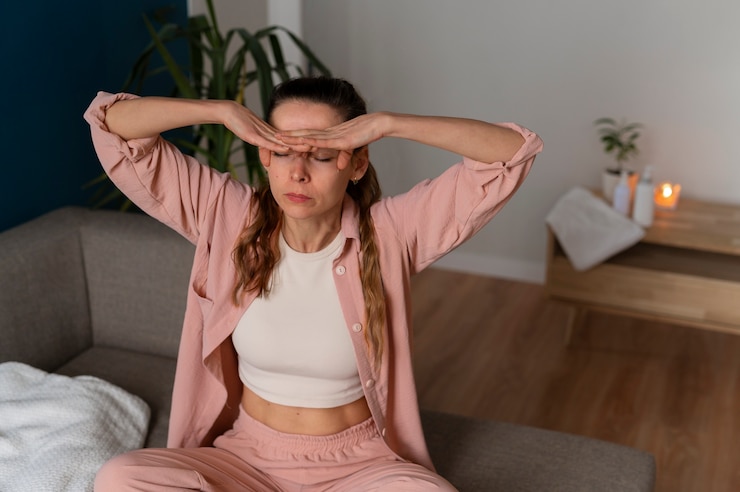 Foto gratuito donna del colpo medio che pratica yoga facciale
