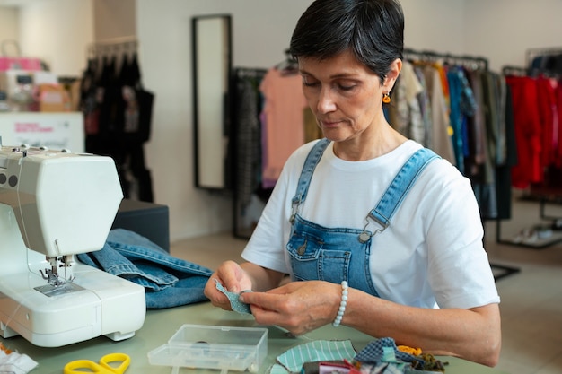 Donna del colpo medio che ripara articoli di moda