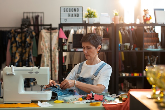 Donna del colpo medio che ripara articoli di moda