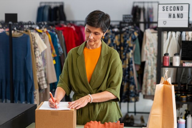 Donna del colpo medio che ripara articoli di moda