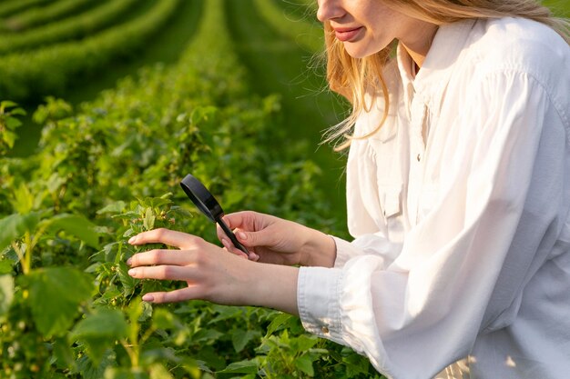 Donna del primo piano che lavora all'azienda agricola