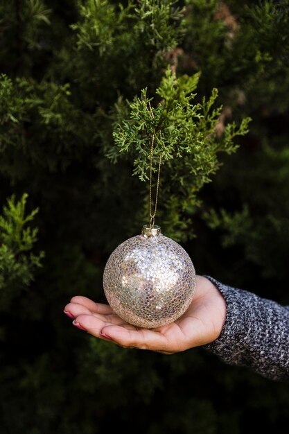 Donna del primo piano con l'albero di Natale e il globo