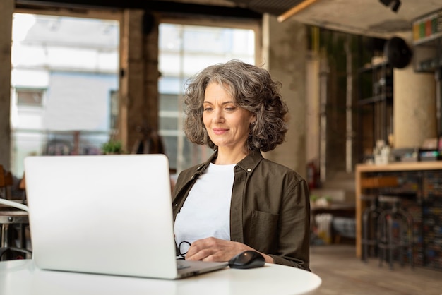 Donna del ritratto con il lavoro del computer portatile