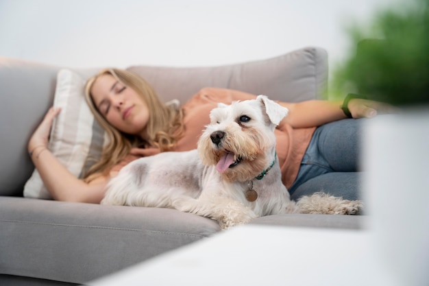 Donna del tiro medio che dorme con il cane sul divano