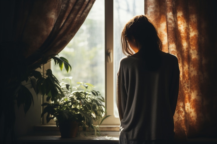 Foto gratuito donna depressa in piedi vicino alla finestra