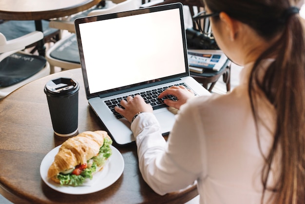 Donna di affari con il computer portatile in caffetteria