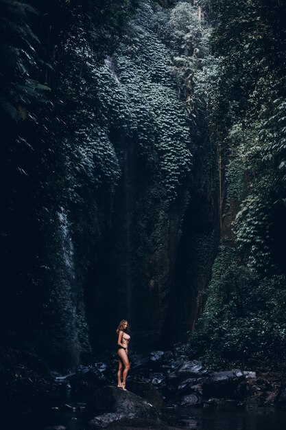 Donna di bellezza che posa in cascata, bikini, natura stupefacente, ritratto all&#39;aperto