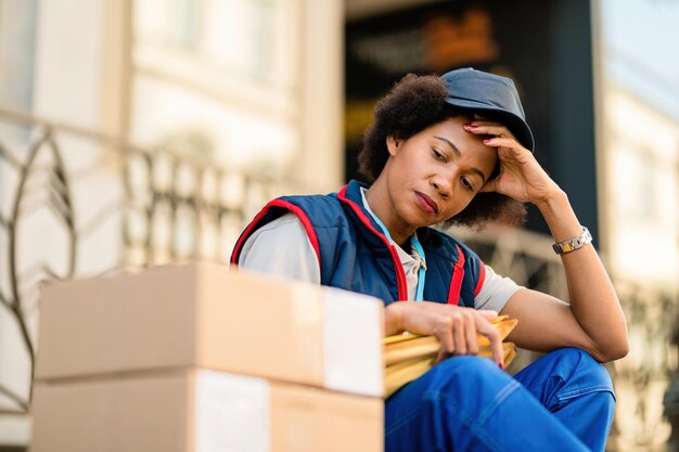 Donna di consegna afroamericana stanca che riposa accanto ai pacchi sulla strada