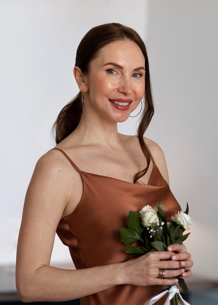 Foto gratuito donna di media foto che posa con dei fiori