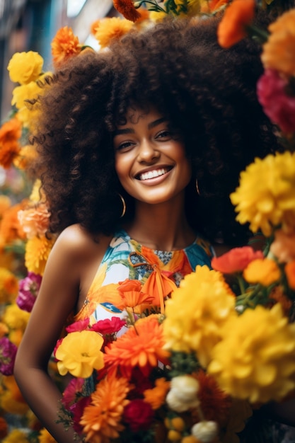 Donna di media foto che posa con dei fiori