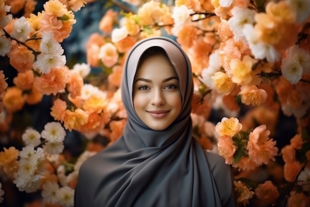 Donna di media foto che posa con dei fiori