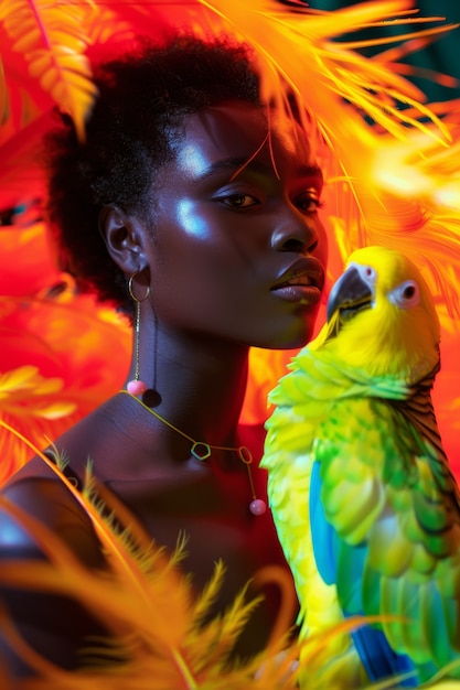 Donna di taglio medio che posa con un pappagallo