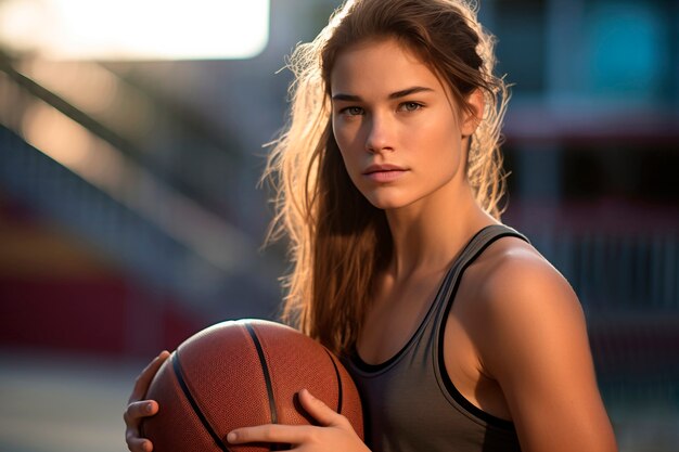 Donna di tiro medio che gioca a basket