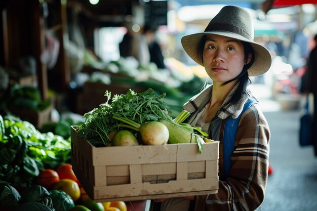 Donna di tiro medio con cibo sano