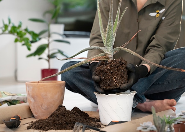 Donna di vista frontale che fa giardinaggio all'interno