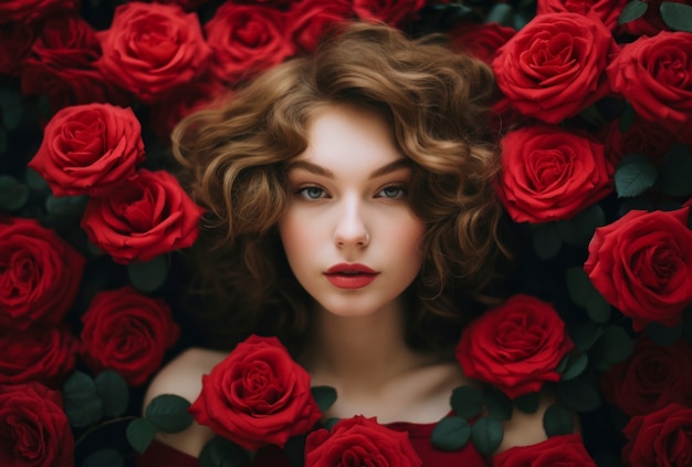 Donna di vista frontale che posa con belle rose
