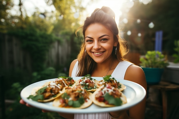 Donna di vista frontale che tiene deliziosi tacos