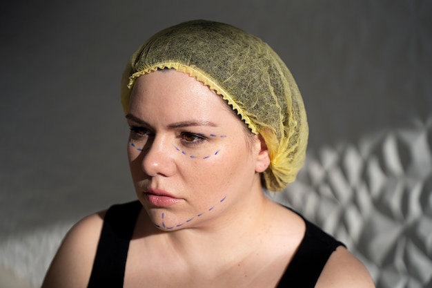 Donna di vista laterale con tracce di pennarello sul viso