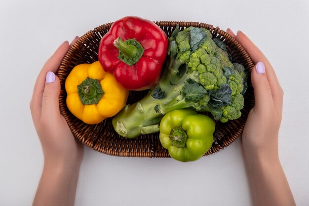 Donna di vista superiore che tiene broccoli con peperoni colorati in un cesto su uno sfondo bianco