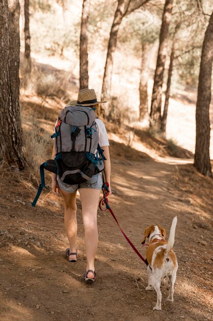 Donna e il suo cane che camminano nel bosco dal colpo indietro