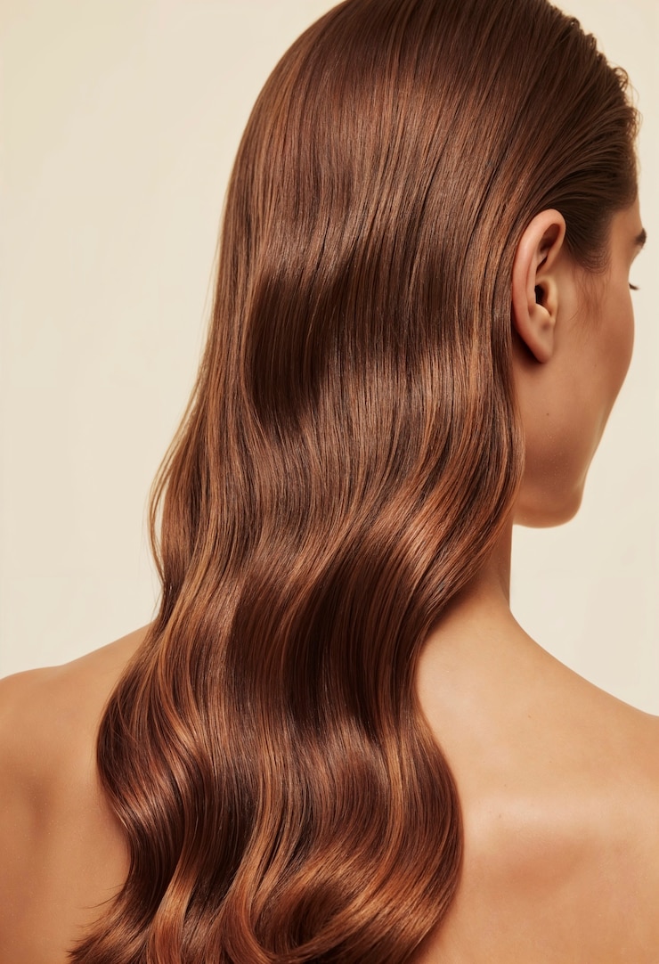 Foto gratuito donna elegante con i capelli brillanti e ondulati marroni.