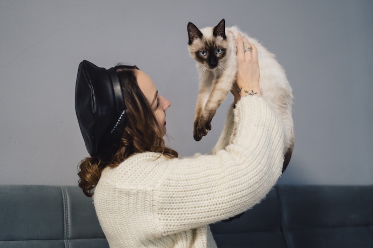 Foto gratuito donna graziosa che gioca con il gatto siamese