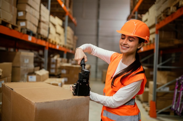 Donna in attrezzatura di sicurezza sul lavoro