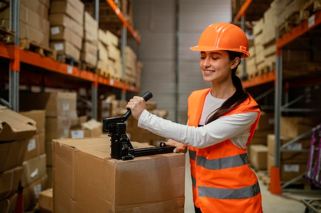 Donna in attrezzatura di sicurezza sul lavoro