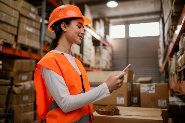 Donna in equipaggiamento di sicurezza che lavora