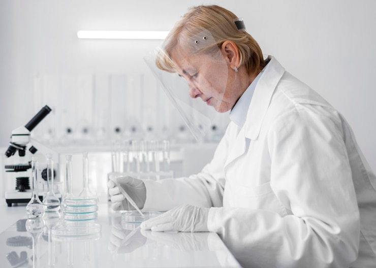 Foto gratuito donna in laboratorio facendo esperimenti