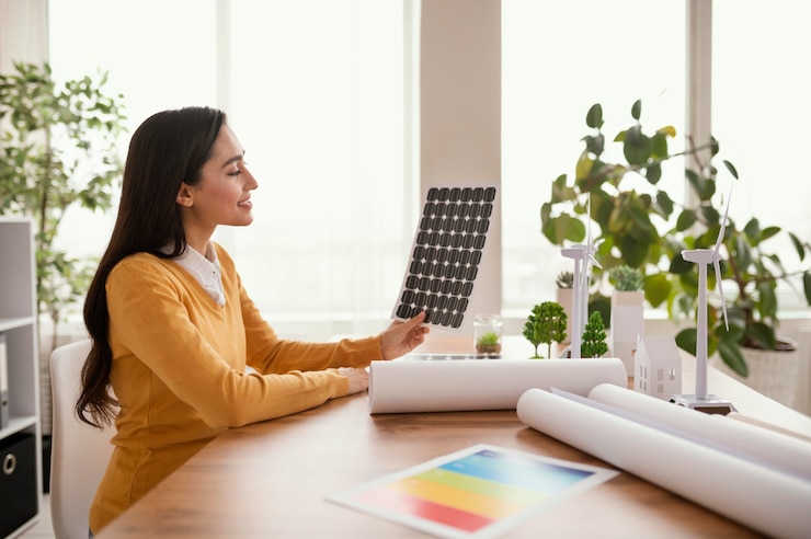 Foto gratuito donna in ufficio che lavora al progetto ambiente