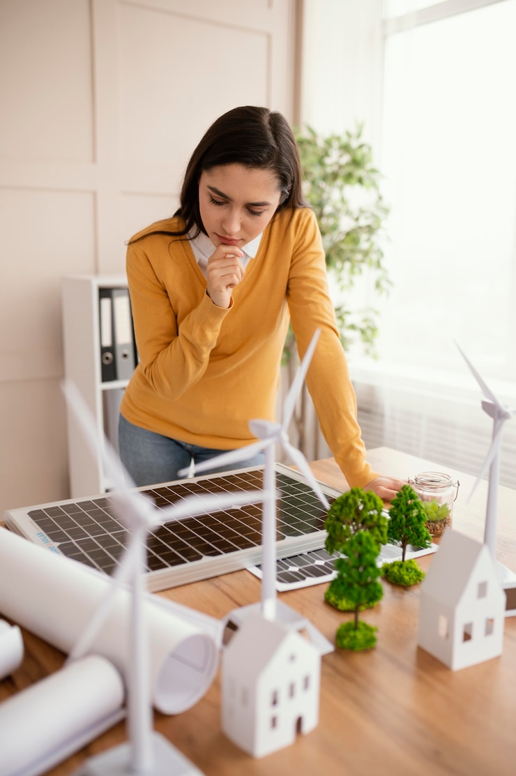 Foto gratuito donna in ufficio che lavora al progetto ambiente