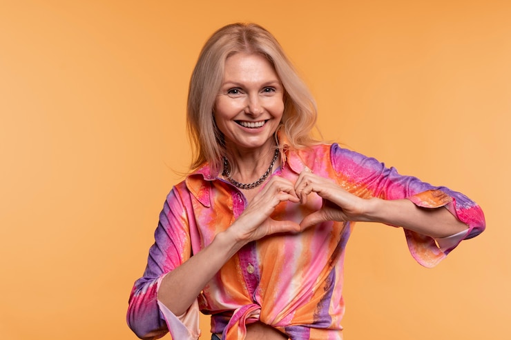 Foto gratuito donna maggiore bionda che mostra il segno del cuore su uno sfondo giallo