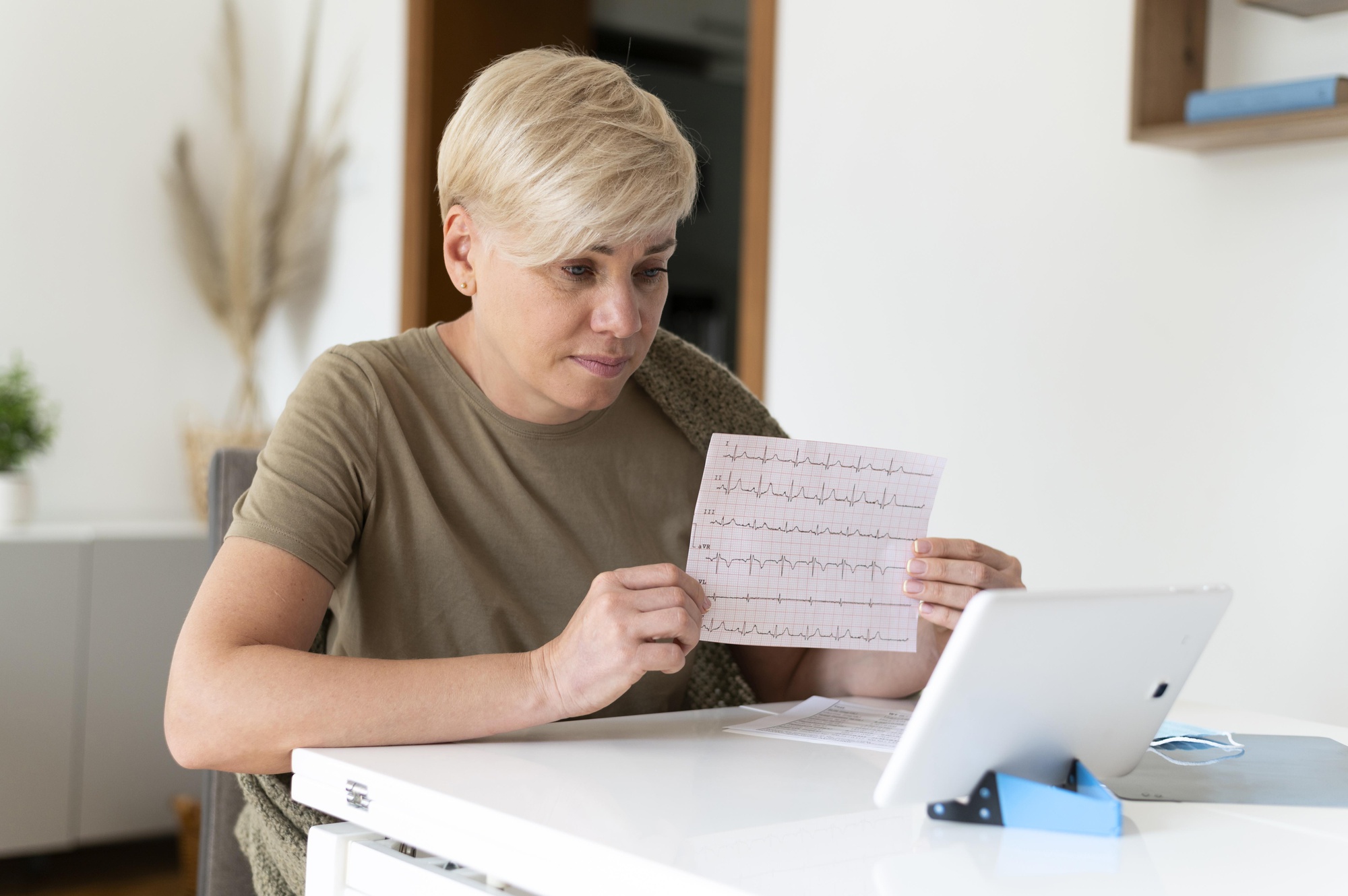 Donna malata a colpo medio che tiene ekg