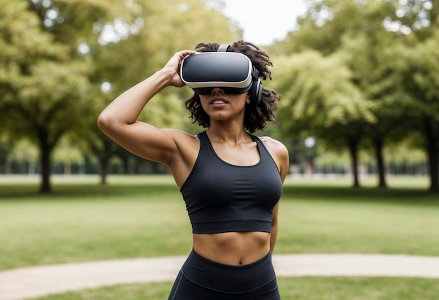 Donna media che fa fitness con gli occhiali VR