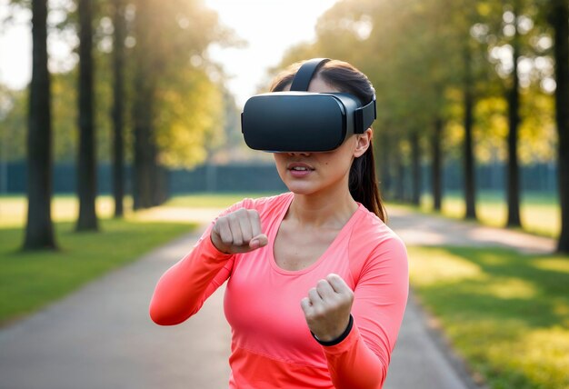 Donna media che fa fitness con gli occhiali VR