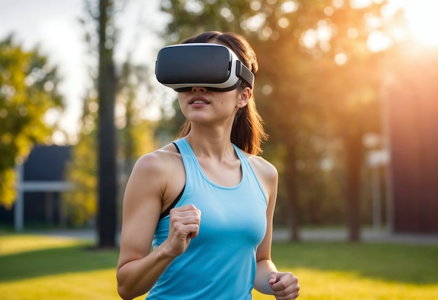 Donna media che fa fitness con gli occhiali VR