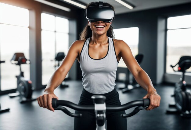 Donna media che fa fitness con gli occhiali VR