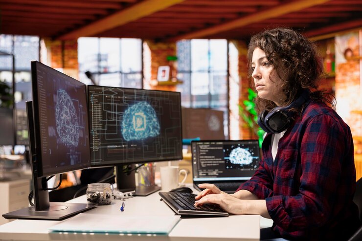 Foto gratuito donna nell'intelligenza artificiale incentrata sulla programmazione di startup