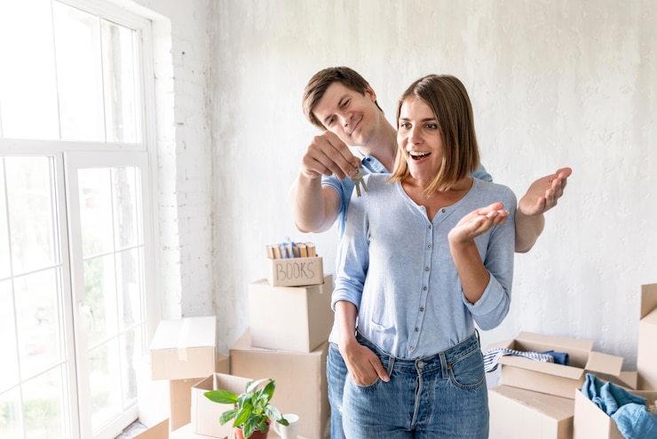 Foto gratuito donna sorpresa dal partner con le chiavi della loro nuova casa